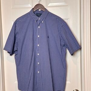 Ralph Lauren Men's Short Sleeve Blue Plaid Shirt, Classic Fit. XL, EUC